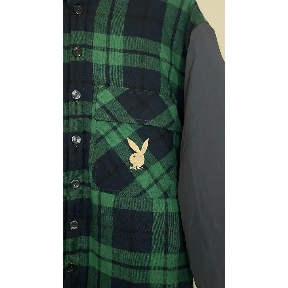 NWT Playboy x Pacsun Mens Plaid Jacket Hoodie Coat Logo Quilted Blue Green XS/S - Picture 5 of 10